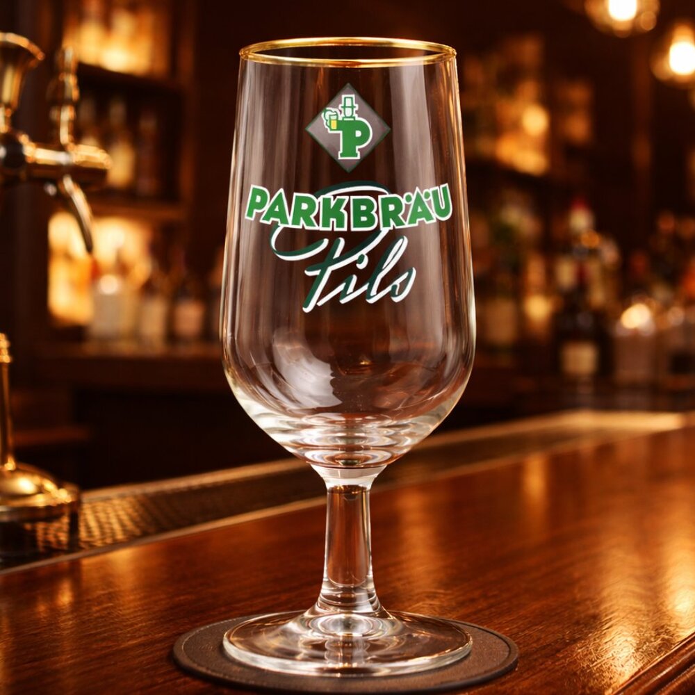 RARE NOS Parkbräu Pils 7" German Beer Glass Gold Rim HTF P-Männchen Variant - Picture 1 of 4